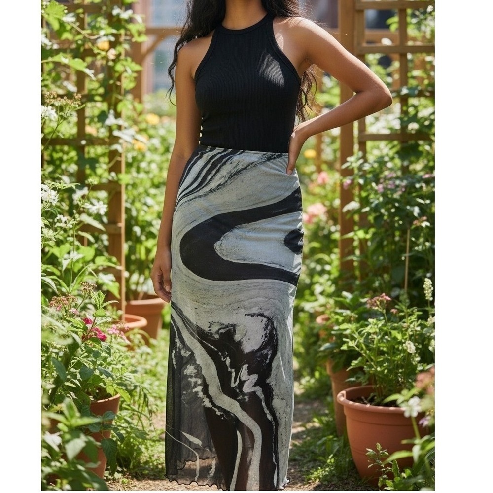 Topshop Womens Black Grey Marble Print Mesh Maxi Skirt Size US 2 Chic Art